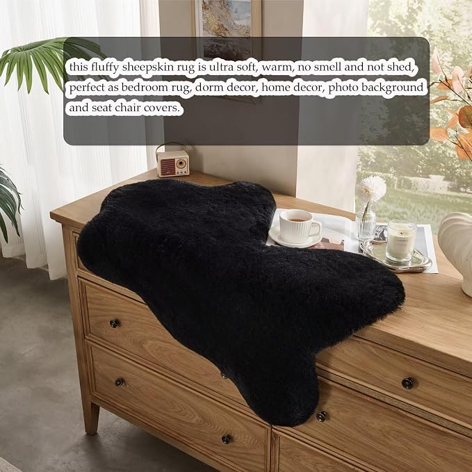 1700GSM Fuzzy Faux Sheepskin Fur Area Rug,Extra Soft Faux Fur Mat,Fluffy Shaggy Fur Rug for Bedroom Living Bedside Rug Room Decor-Black, 2 x 6 ft