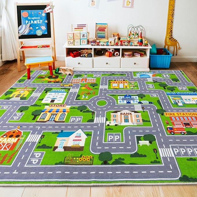Car Rug Play Mat for Kids Toy Cars, City Road Traffic Playmat for Kid Bedroom, Non-Slip Machine Washable Kids Rugs for Learn and Have Fun 4'x5'/ 48"x60", Green
