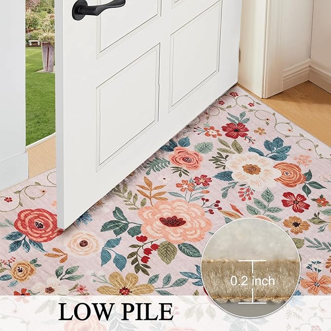 DUKINO 2x8 Runner Rug for Hallway, Washable Kitchen Runner Rug with Rubber Backing Non Slip, Low Pile Soft Boho Floral Thin Carpet for Entryway, Hallway, Bathroom, Laundry Room, Beige