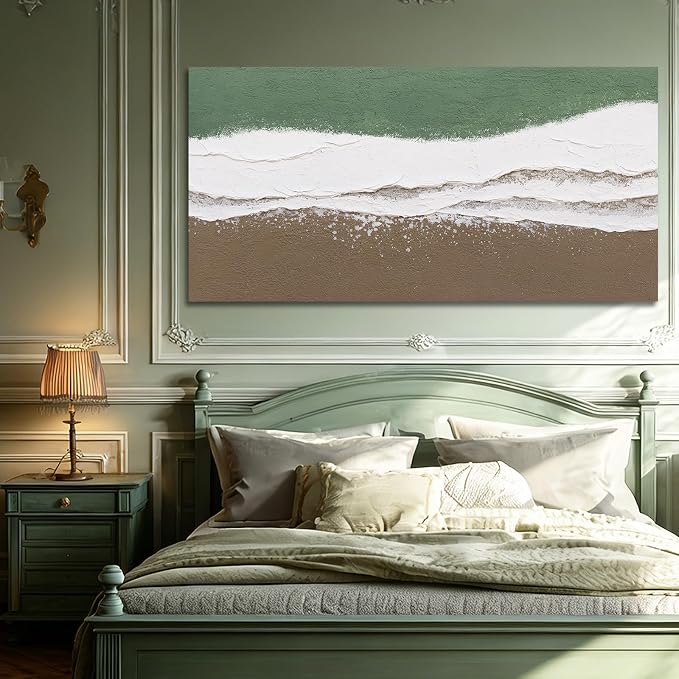 ZUNARE Abstract Green and White Wall Art Modern Canvas Painting with Soft Flowing Texture, Neutral Brown Tones Calming Artwork for Living Room Bedroom Kitchen Office Wall Decor 24"x48"