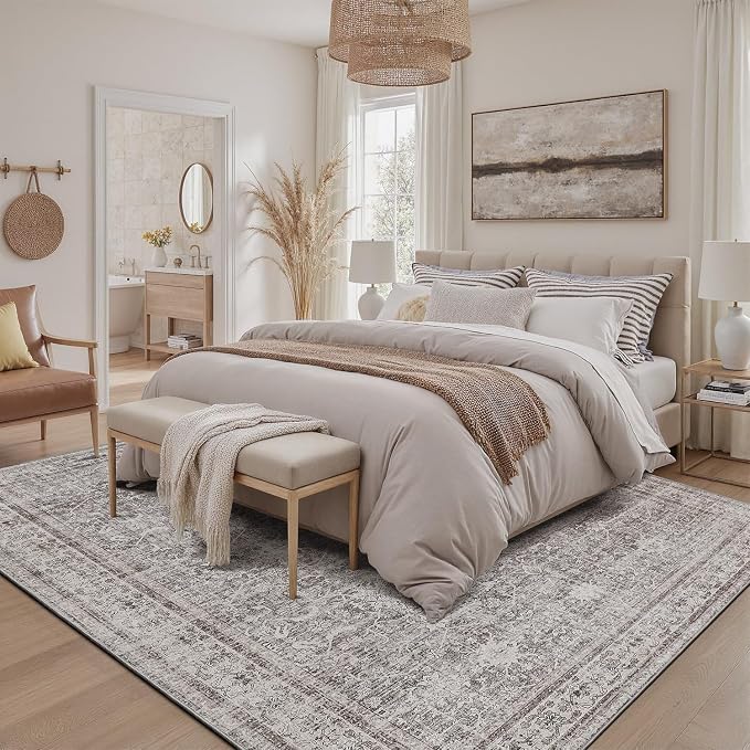 DCX Gray 9x12 Rug, Kid & Pet Friendly with Rubber Back Non Slip, Machine Washable Stain Resistant Vintage Traditional Distressed Carpet, Rug for Living Room, Bedroom, Home Decor