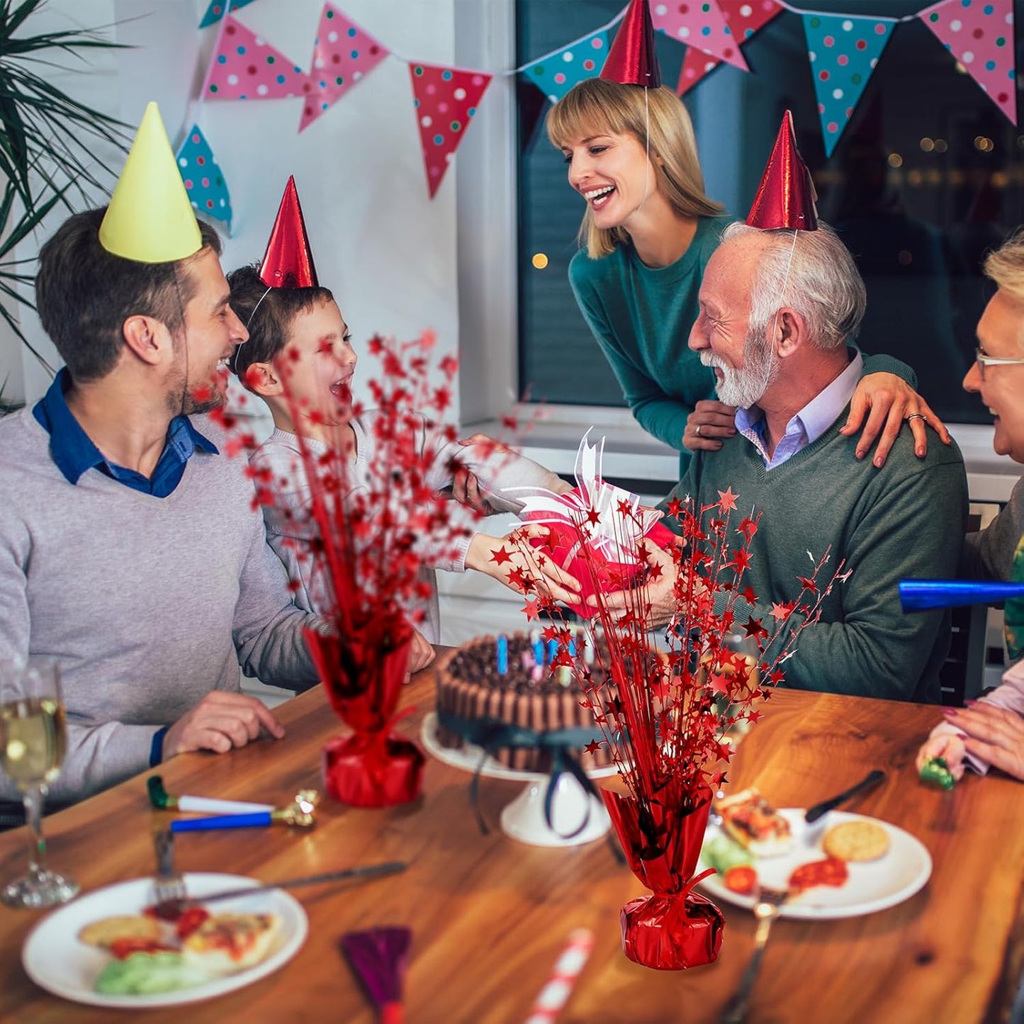 Crowye 18 Pieces Metallic Foil Spray Centerpiece Party Star Table Decoration Burst Metallic Table Centerpieces for Birthday Party Season Holiday(Red)