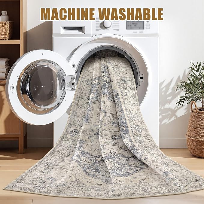 5x7 Area Rugs for Living Room - Large Carpet Ultra Thin Soft Washable Oriental Vintage Floral Distressed Big Indoor Carpets for Bedroom Nursery Dorm Home Decor Aesthetic - Blue Beige