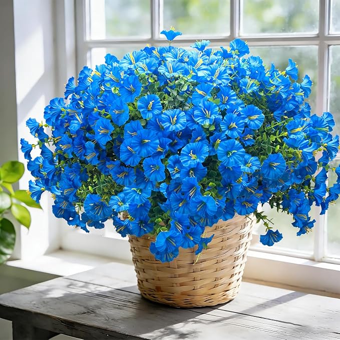 Grunyia UV Resistant Artificial Morning Glory Flowers - 16 Bundles Blue Faux Plastic Fake Plants with Eucalyptus for Outdoor Indoor Porch Patio Planter Window Box Garden Home Decor