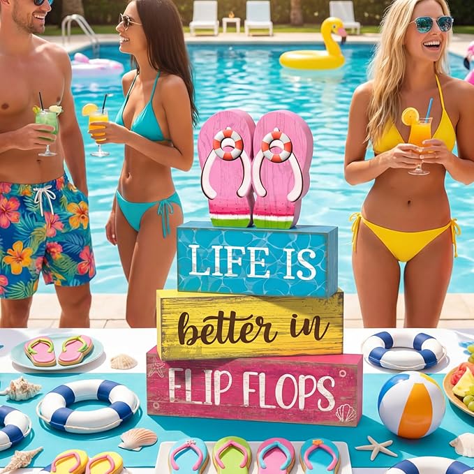 Yuntau 4 Pcs Summer Decorations for Office Hawaii Table Decorations Wooden Sign Flip Flops Table Centerpiece Summer Tiered Tray Decor Decorative Faux Book Stack Block for Coffee Mantel Floating Shelf