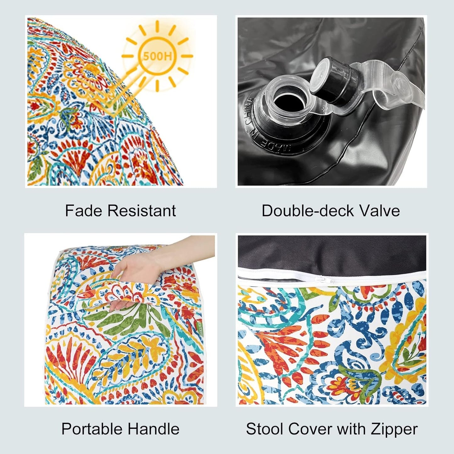 LVTXIII Indoor/Outdoor Inflatable Ottoman, D31 x H14 Inch Large Round Ottoman, All Weather Foot Rest Stool, Portable Footrest for Patio, Garden, Camping and Home - Paisley Multi