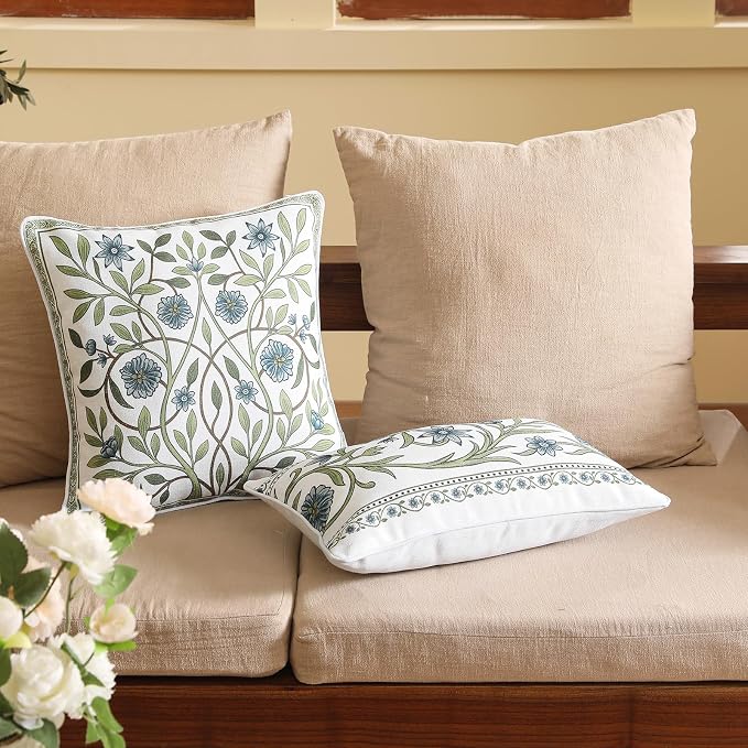 ISAENNE Designer Linen Throw Pillow Cover,Set of 2,20"x12"-Mosella D | Vintage Elegant Rectangle Decor Pillow Cover,Concealed Zipper Design,Floral Pattern,Sofa,Bedroom,Living Room,Lounge Chairs