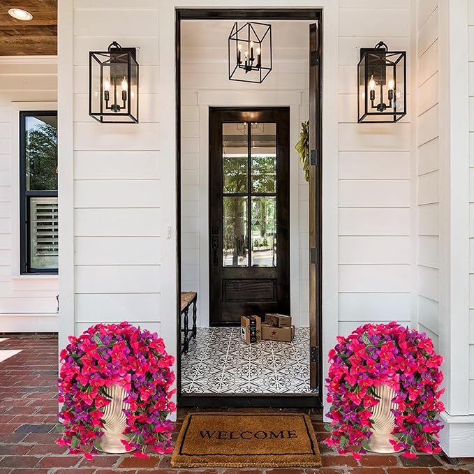 INXUGAO 2 pcs Artificial Faux Bougainvillea Flowers Plants for Outdoor Outside Summer Decoration, Fake Silk UV Resistant Long Trailing Vines for Front Door Porch Planter Balcony (Rose Deep Lotus)