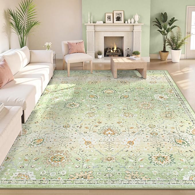 Lahome Flavie Sage Green Area Rug 8x10 for Living Room Bedroom, Soft Boho Floral Machine Washable Rugs, Non Slip Indoor Carpet for Nursery Playroom Indoor Home Decor