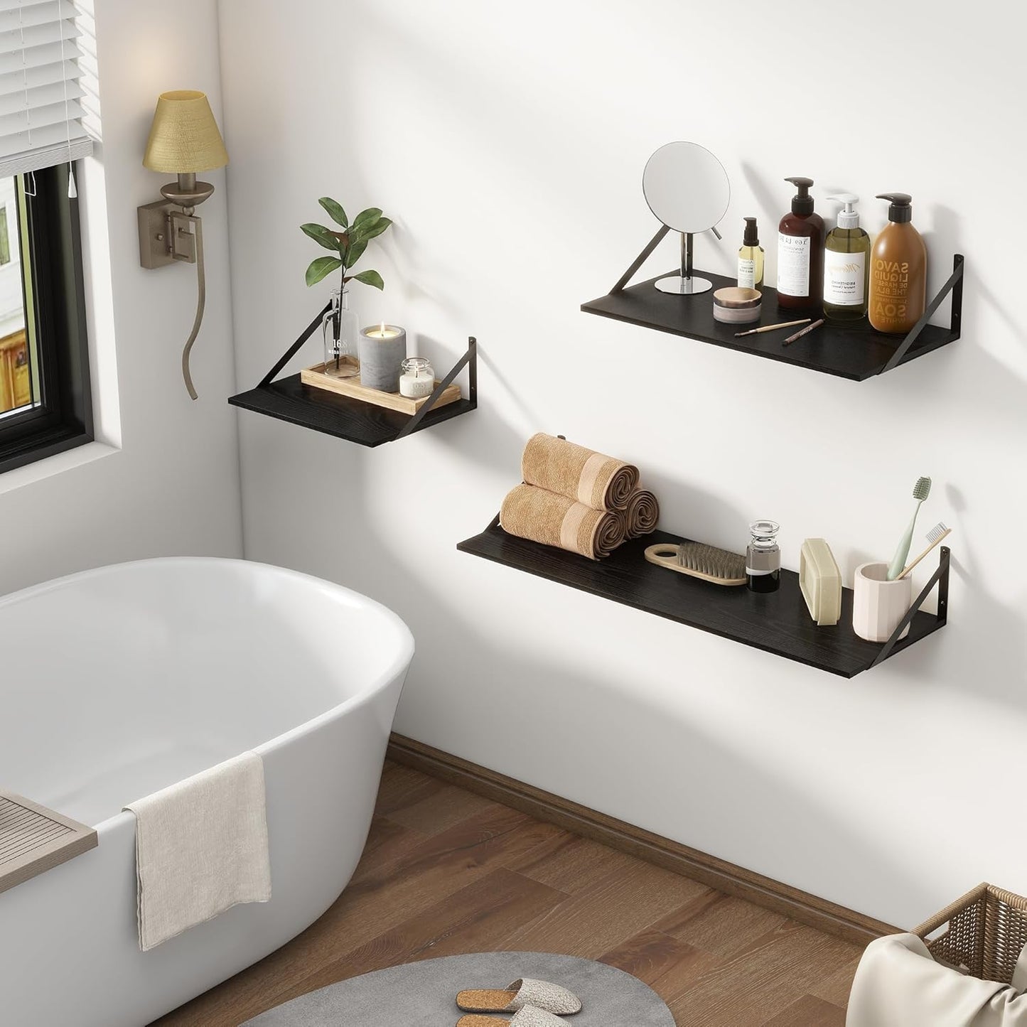 Deep Floating Shelves, 12 Inch Deep Floating Shelves for Wall, 24"W x 12"D Wall Shelves for Books, Rustic Black Wooden Shelves, Large Wide Display Shelf for Bathroom, Living Room, Bedroom, Set of 2