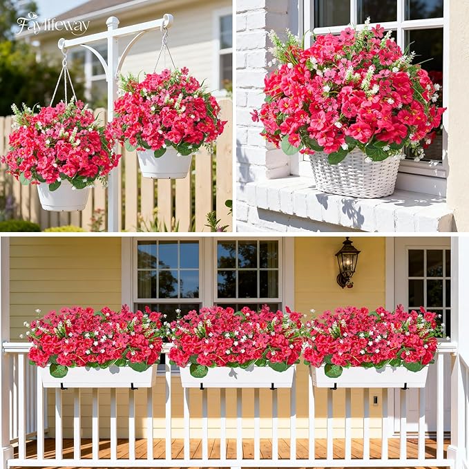 16 Bundles Artificial Flowers for Outdoors, UV Resistant Silk Faux Flowers for Outside Planters,Garden,Porch,Patio,Yard,Home Decor(Hot Pink)