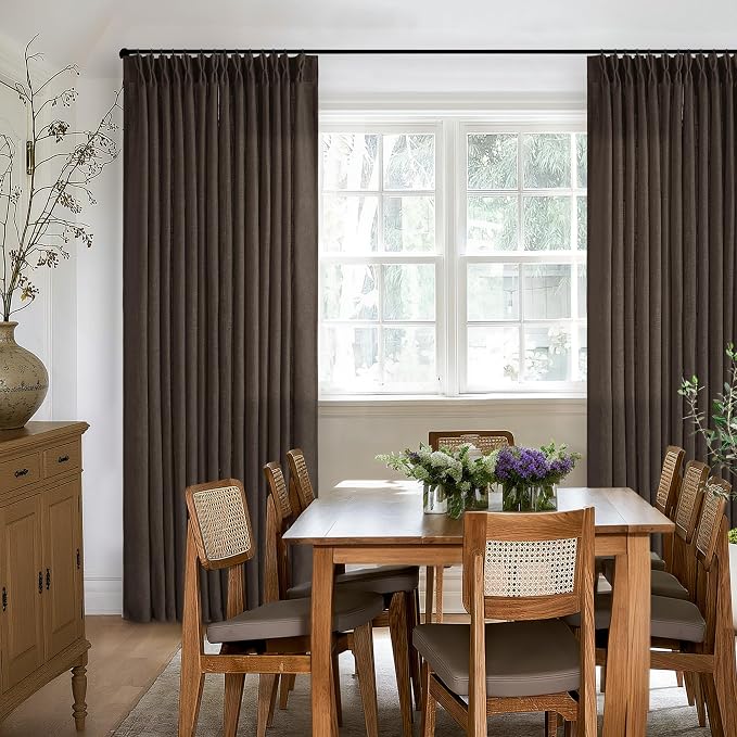 Dark Chocolate Pinch Pleated Linen Curtains 96 Inches Long 2 Panels for Living Room Bedroom Memory Training Brown Semi Sheer Pleat Drapes with Hooks Rings Light Filtering Window Curtain 40x96