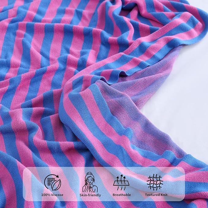 BOV Knitted Throw Blanket - 100% Viscose Super Soft Breathable Comfy Decorative Throw Blanket for Chair Couch Sofa Bed, Perfect Self Care Gifts for Women, Fuchsia & Azure Stripe 50"x60"