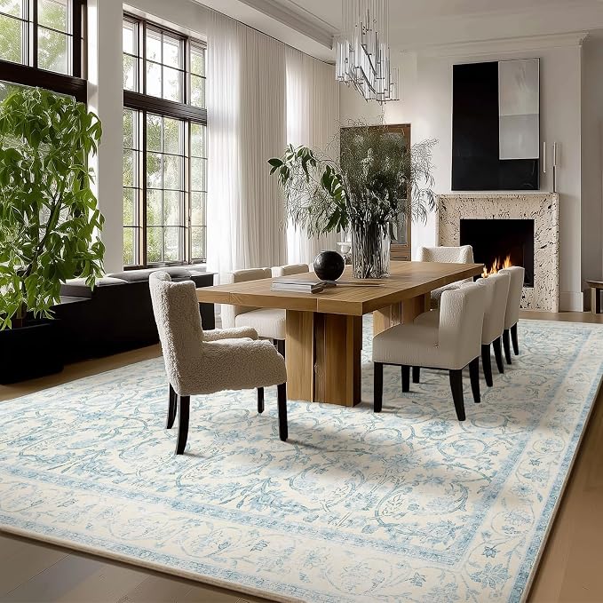 Washable Rugs for Living Room: 9x12 Area Rugs for Bedroom Ultra Soft Non-Slip Low Pile Vintage Boho Large Carpet for High-Traffic Dining Room - Farmhouse Decor