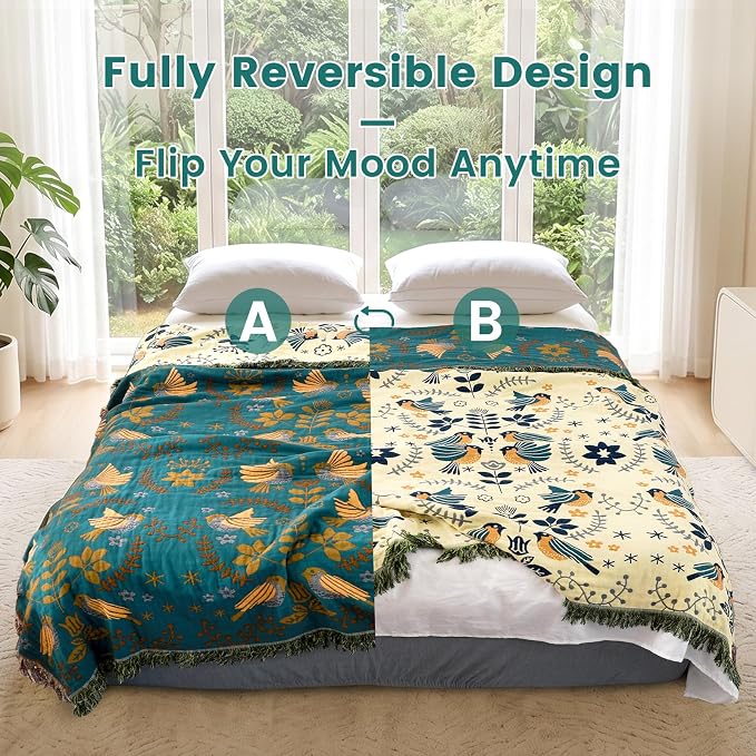 MSGKV Boho Throw Blanket 50"x60" Cotton Blanket for Couch and Sofa Cover for Living Room Summer Throw Decorative Woven Bird Blankets