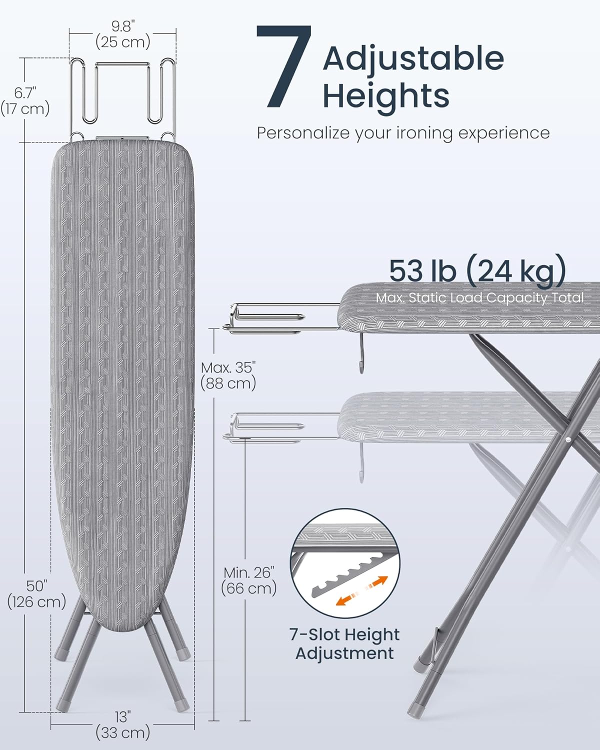 SONGMICS Ironing Board, Foldable Iron Board, Height Adjustable up to 35 Inches, with 4 Layered Cover and Pad, Iron Rest, Hook, Steel X-Legs, for Home, Laundry Room, Dorm, Dove Gray ULLB001G01