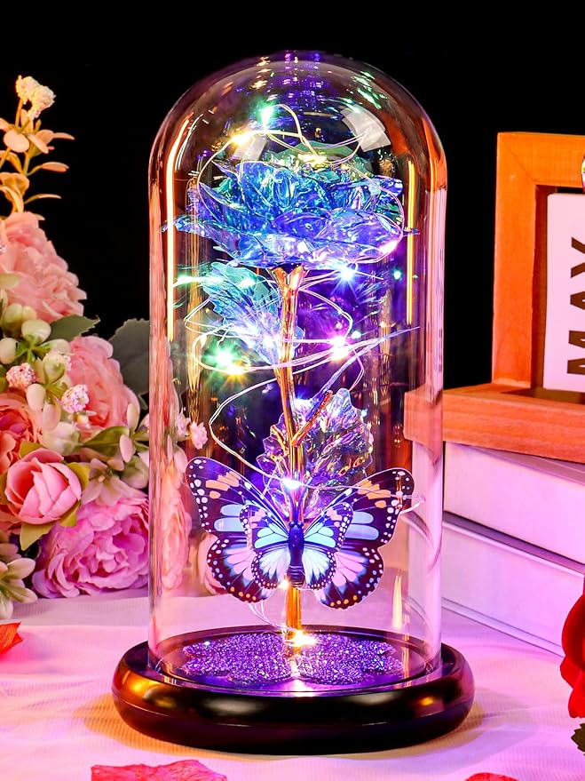 Mothers Day Mom Gifts for Mom Birthday Gift for Women Galaxy Glass Rose in Glass Dome Forever Eternal Crystal Flower with Butterfly Mother's Day Flowers Gifts for Wife Daughter Grandma Sister Blue
