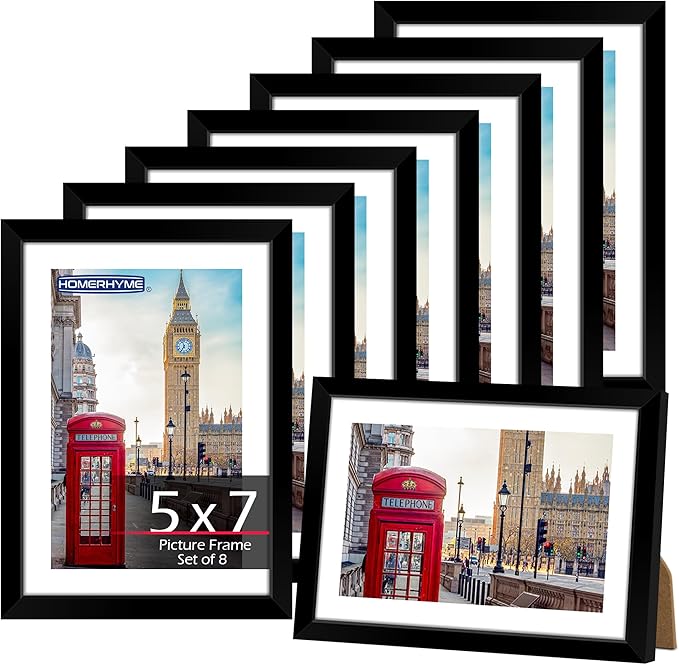 5x7 Picture Frame Set 8 Pack, Black Picture Frames for Wall or Tabletop Display, Fits Pictures 4x6 with Mat or 5x7 Without Mat, Poster Photo Frame with Plexiglass for Gallery Home Wall Decor