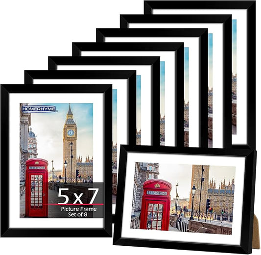 5x7 Picture Frame Set 8 Pack, Black Picture Frames for Wall or Tabletop Display, Fits Pictures 4x6 with Mat or 5x7 Without Mat, Poster Photo Frame with Plexiglass for Gallery Home Wall Decor
