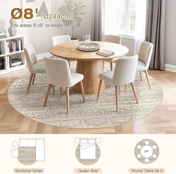 Tortania 8' Round Area Rug Living Room Rugs - Washable Large Soft Neutral Boho Moroccan Bohemian Farmhouse Rug Indoor Floor Carpet for Bedroom Under Dining Table Home Office Decor - Light Brown