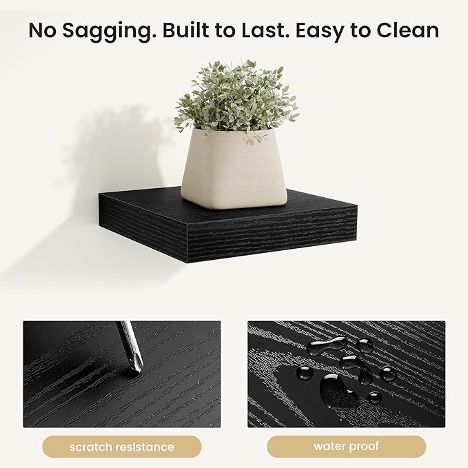 Fun Memories Floating Shelves for Wall, Rustic Wood Wall Mounted Shelves for Bathroom, Bedroom, Living Room & Kitchen, Storage Display Shelves, (Set of 4, Black, 8 in)