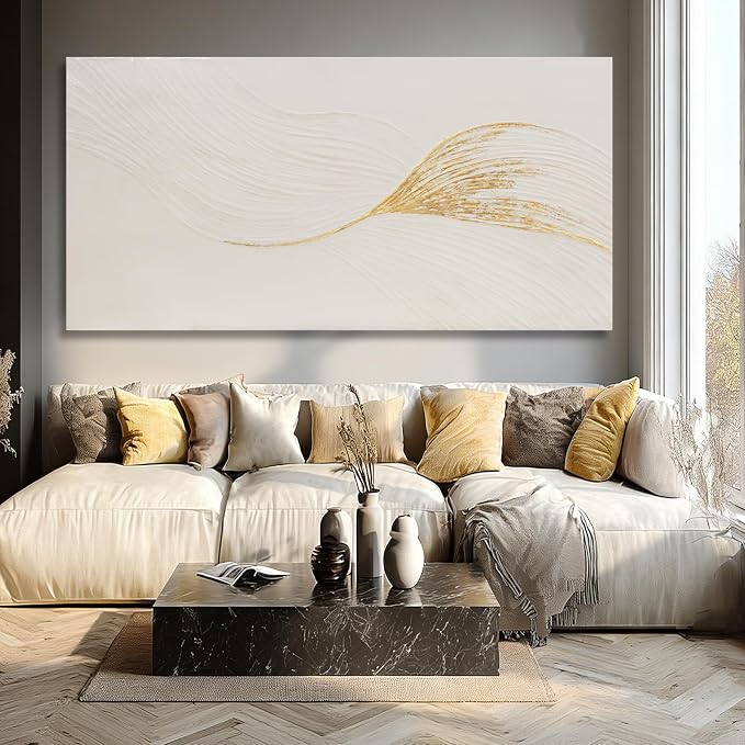Dolidoteart Wall Art Hand Painted Oil Painting, Oversized Neutral White Gold Textured Abstract Wall Art, Long Horizontal 29x58 Inch Minimalist Wall Decor for Living Room Bedroom Above Couch