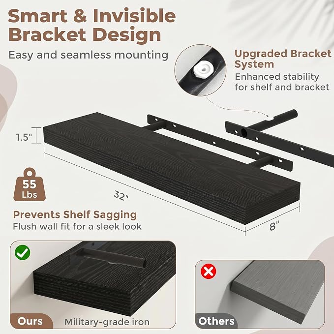 32 Inch Floating Shelves for Wall, 8"D Wood Storage Shelves, Black Finish | Engineered Wood, Invisible Bracket, Large Storage, Easy Install, Hold Up to 55lbs, Living Room, Bathroom, Bedroom, Kitchen
