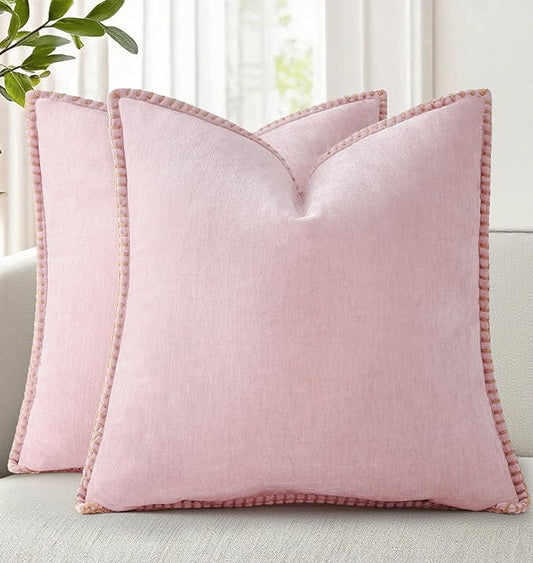 decorUhome Summer Chenille Soft Cozy Throw Pillow Covers 24x24 Set of 2, Modern Farmhouse Boho Velvet Decorative Euro Sham Pillow Cases with Stitched Edge for Couch Sofa Bed Home Decor, Blush Pink