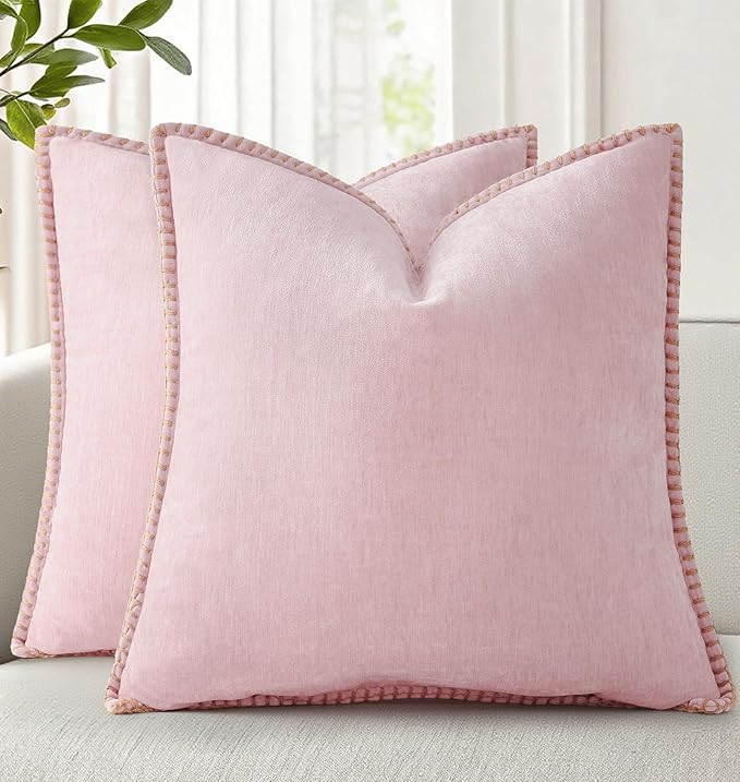 decorUhome Summer Chenille Soft Cozy Throw Pillow Covers 20x20 Set of 2, Modern Farmhouse Boho Velvet Decorative Pillow Cases with Stitched Edge for Couch Sofa Bed Home Decor, Blush Pink