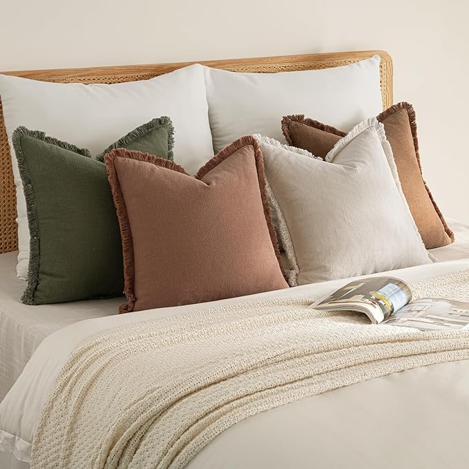 MIULEE Decorative Couch Pillow Covers Neutral Linen Fringe Throw Pillows Set of 4 Soft Rustic Cushions Boho Farmhouse Pillowcases for Bed Sofa Living Room Spring Decor 22x22 Inch Beige/Brown/Green