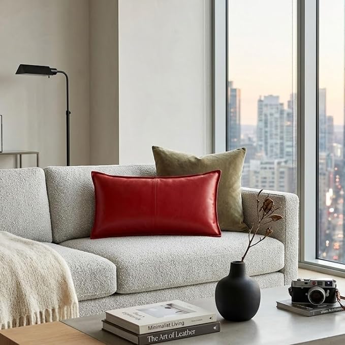 Genuine Leather Pillow Cover Case for Lumbar Throw Couch Pillows - Modern Farmhouse Decorative Sofa Thick & Soft Cushion Covers (Red, 16" x 24")
