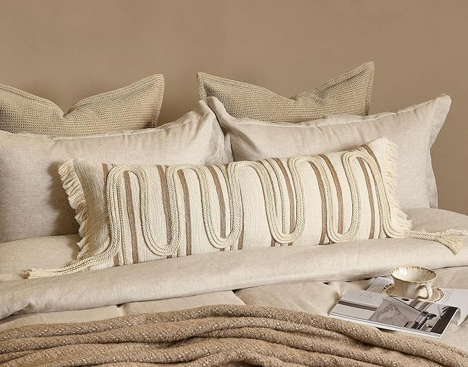 Beige Boho Lumbar Pillow Cover 14x36 with Handmade Drawn Work | Modern Farmhouse Long Lumbar Decorative Pillows Cushion Case for Bed Couch Accent Decor