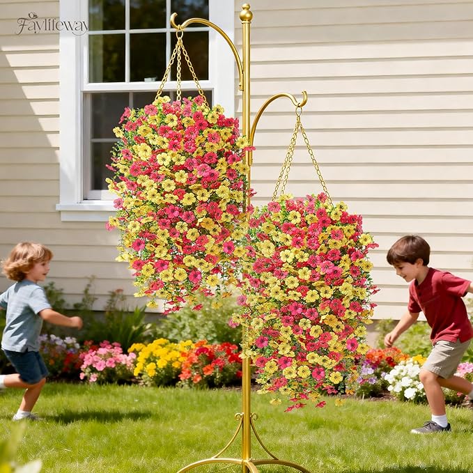 Artificial Hanging Flowers for Outdoors Spring Summer Decoration, 8PCS UV Resistant Silk Fake Hanging Plants for Patio Porch Front Yard Window Garden Indoor Decor(Hot Pink&Yellow,8PCS)