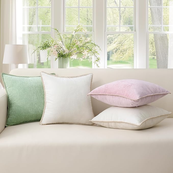 decorUhome Summer Chenille Soft Cozy Throw Pillow Covers 20x20 Set of 2, Modern Farmhouse Boho Velvet Decorative Pillow Cases with Stitched Edge for Couch Sofa Bed Home Decor, Blush Pink