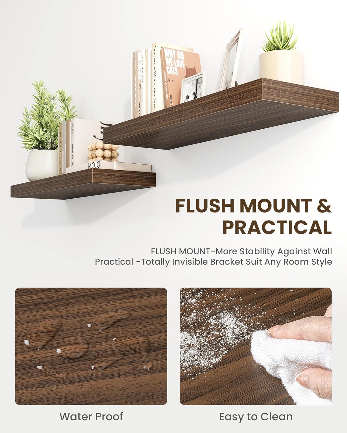 Marsmiles 16" Floating Shelves for Wall, Wooden Shelves with Invisible Brackets Set of 2, Rustic Farmhouse Wall Mounted Shelf for Kitchen Bathroom Living Room Study, Walnut