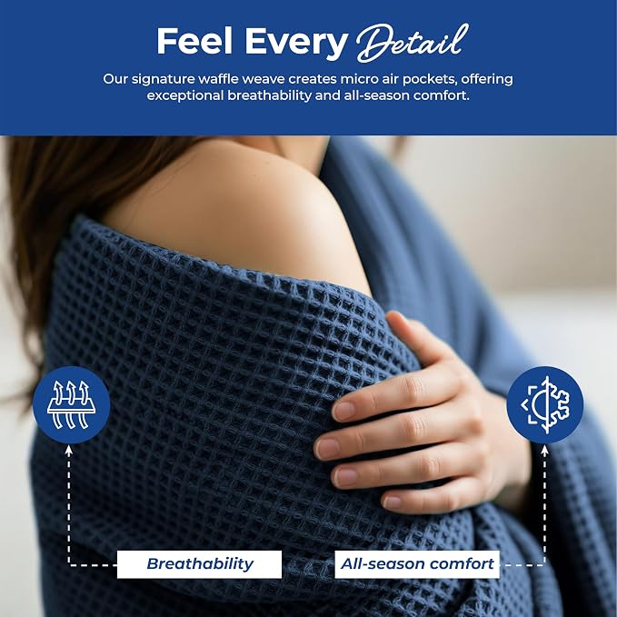 THREAD SPREAD 100% Cotton Waffle Blanket Queen Size - Soft Lightweight Breathable Waffle Weave Queen Blanket for All Season, Textured Throw Blankets for Bed, Sofa, Hotel, Hospital - Navy Blue
