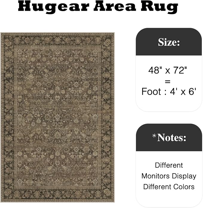 HUGEAR 4x6 Indoor/Outdoor Rug Brown Linen-Look Fabric Vintage Area Rug High Traffic Stain Resistant Easy Clean Durable Rugs for Living Kitchen Patio Deck Balcony Porch Garden Courtyard
