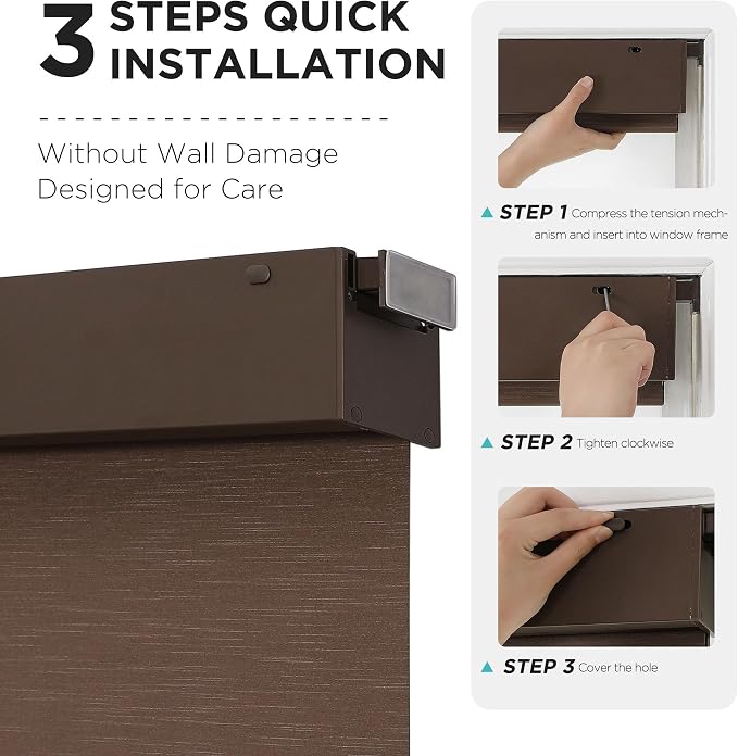 Joydeco No Drill Blackout Shades, Free-Stop Cordless Roller Shades, UV Protection, Thermal Insulated Blinds for Indoor Windows, Easy Install Window Blinds for Home and Office (Coffee, 22" W X 75" H)