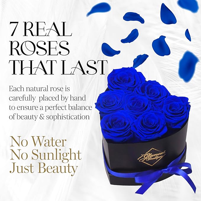 GLAMOUR BOUTIQUE 7 Flower Forever Heart Shape Box, Eternal Preserved Roses Gift for Her, Lasting Flowers, Petite Floral Heart Box for Birthday, Anniversary or Valentine’s Day, Blue (Color-Treated)