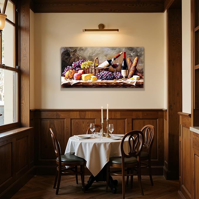 imjiayu Large Wall Art, Kitchen Wall Art, Wine Pictures Wall Decor, Framed Rustic Oil Painting Style Canvas Print, Grape Cheese Bread Still Life Wall Decor, Vintage Dining Room Home Bar Cafe Wall Art, 29"x57"