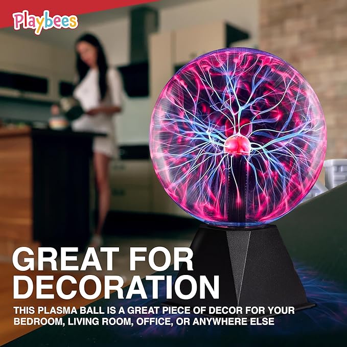 Playbees Red Plasma Ball - 7 Inch - Tesla Coil Bulb Static Electricity in a Vacuum Pressurized Glass Globe, Nebula Thunder Lightning, Plug-in - for Parties, Decorations, Prop, STEM