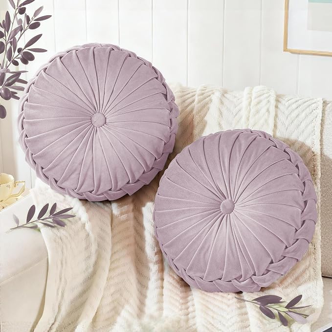 ROSE&RISY Round Pleated Velvet Throw Pillows, 2 Pack Decorative Accent Pumpkin Pillow Cushion for Couch Sofa Bed, Soft Plush Retro Vanity Throw Pillows for Home Decor, 14.5 Inch, Lavender