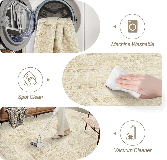 Soalmost Washable Area Rug 8x10, Large Soft Rugs for Living Room Vintage Beige 8x10 Area Rugs for Bedroom Dining Room Floral Non-Slip Thin Rug