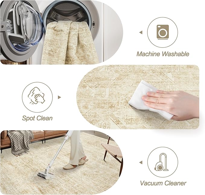 Soalmost Washable Area Rug 10x14, Large Soft Rugs for Living Room Vintage Beige Rug 10x14 Area Rugs for Bedroom Dining Room Floral Non-Slip Thin Rug