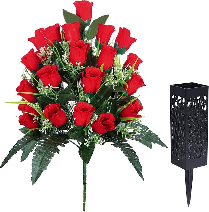 LVXINLI 2 Sets Artificial Cemetery Flowers,Outdoor Grave Decorations Roses,Beautiful Arrangements Bouquet with Cemetery Vase,Lasting and Non-Bleed Colors (Red)