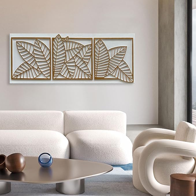 NANKAI Art Hand-Painted White and Yellow Textured Wall Decoration Painting. Large Oil Painting with Three-Dimensional Leaf Texture Suitable for Home Wall Decoration. 24x60 inches