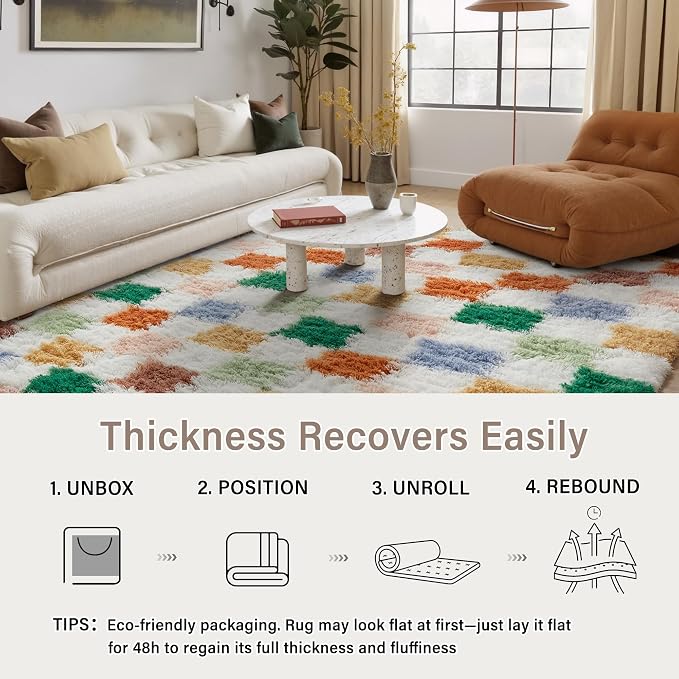 PureCozy Checkered Rug 9x12 for Living Room, Modern Neutral Shag Rug Washable Non-Slip Large Area Rug Super Soft Indoor Fuzzy Carpet Fluffy Rugs for Bedroom Home Aesthetic Decor