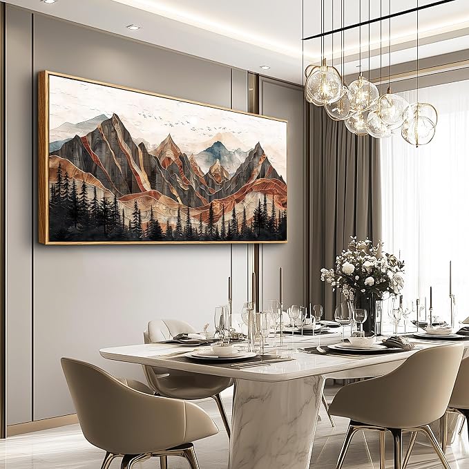 XIGUANGART Mountain Framed Wall Art, Long Horizontal Mountains Wall Decor, Pine Trees Nature Wall Painting, Modern Rustic Farmhouse Landscape Art Prints for Bedroom Office Decoration 20"x40"
