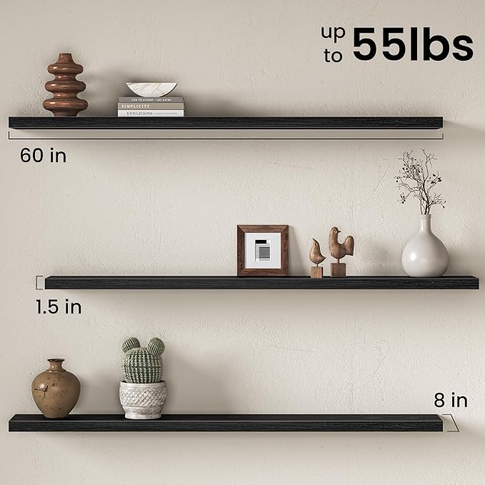 Fun Memories 60Inch Long Floating Shelves, 8 Inch Deep Shelves for Bedroom|Living Room, Wall Mounted Wood Hanging Shelf with Invisible Brackets for Fireplace Mantel Home Storage Decor, Black - 1 Pack