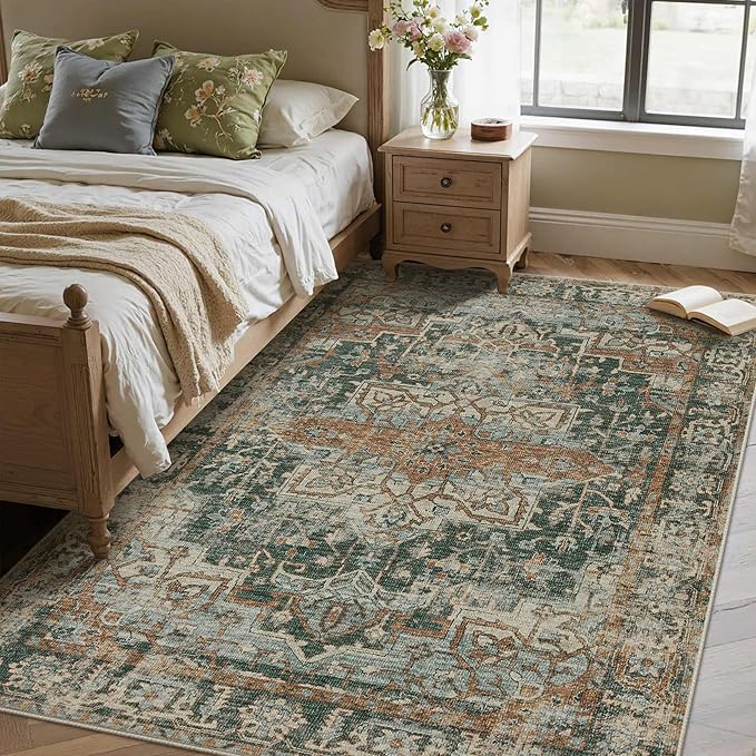 Rugxara 4x6 Rug for Living Room Bedroom, Green Washable Throw Rugs, Vintage Retro Boho Area Rugs, Non Slip & Low Pile Accent Throw Carpet for Indoor Dining Room, Kids Room and Office(Green 4x6ft)